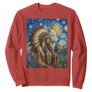 Native American Woman And White Wolf Sweatshirt Starry Night Inspired Art