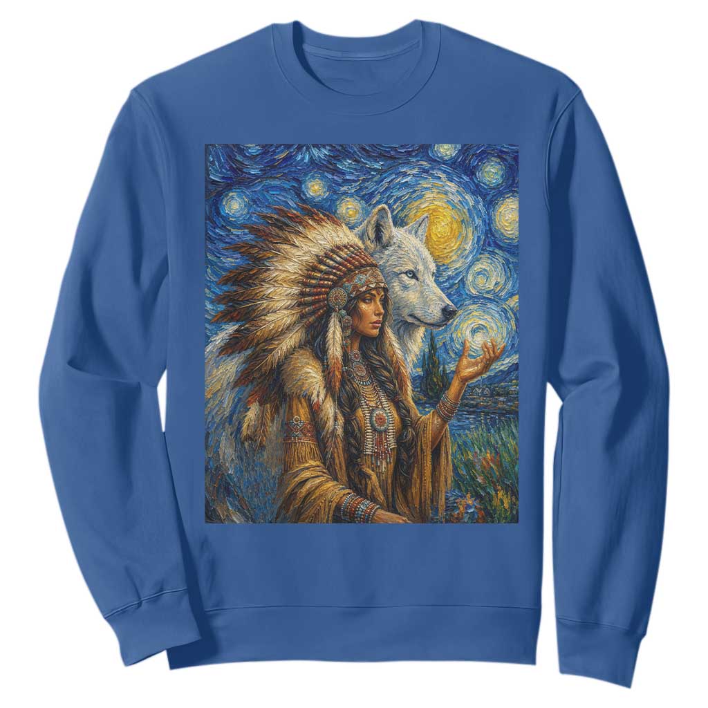 Native American Woman And White Wolf Sweatshirt Starry Night Inspired Art