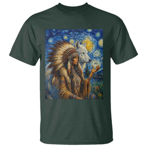 Native American Woman And White Wolf T Shirt Starry Night Inspired Art