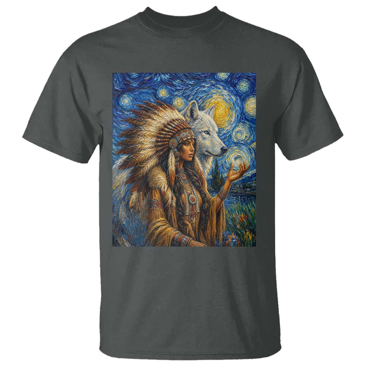 Native American Woman And White Wolf T Shirt Starry Night Inspired Art