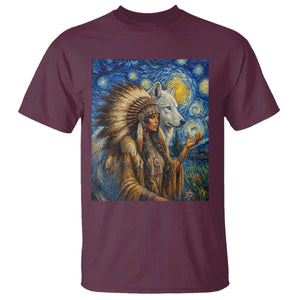 Native American Woman And White Wolf T Shirt Starry Night Inspired Art