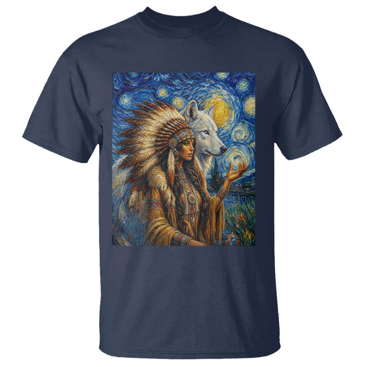 Native American Woman And White Wolf T Shirt Starry Night Inspired Art