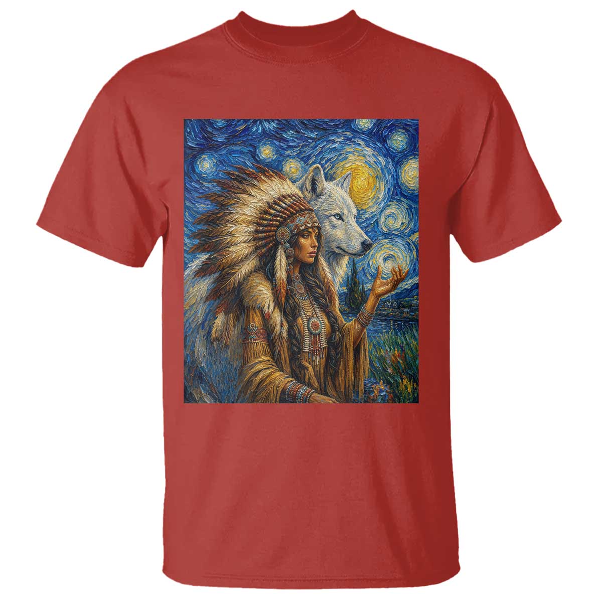 Native American Woman And White Wolf T Shirt Starry Night Inspired Art