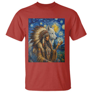 Native American Woman And White Wolf T Shirt Starry Night Inspired Art