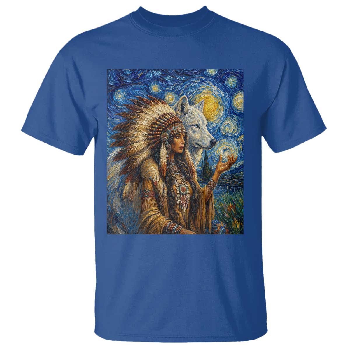 Native American Woman And White Wolf T Shirt Starry Night Inspired Art