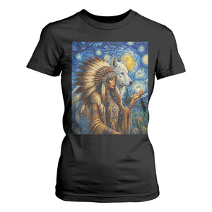 Native American Woman And White Wolf T Shirt For Women Starry Night Inspired Art