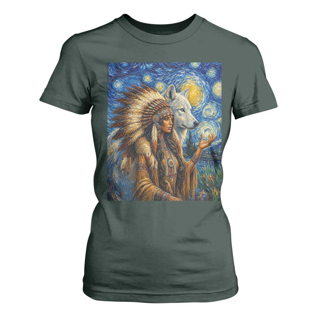Native American Woman And White Wolf T Shirt For Women Starry Night Inspired Art
