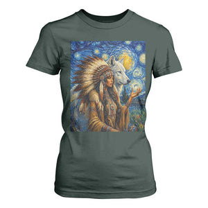 Native American Woman And White Wolf T Shirt For Women Starry Night Inspired Art