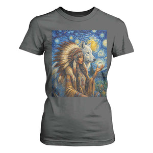 Native American Woman And White Wolf T Shirt For Women Starry Night Inspired Art