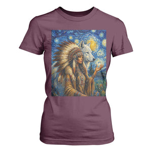 Native American Woman And White Wolf T Shirt For Women Starry Night Inspired Art