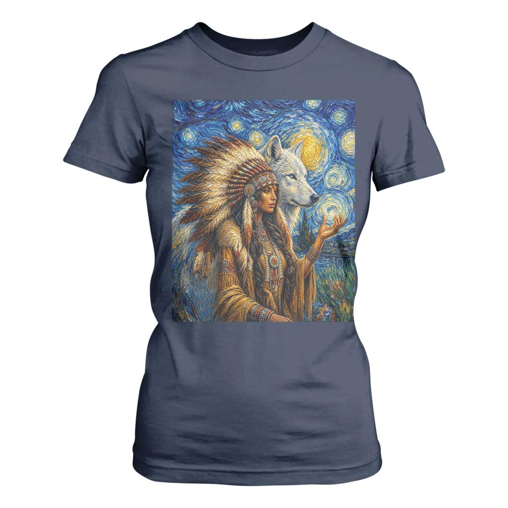 Native American Woman And White Wolf T Shirt For Women Starry Night Inspired Art