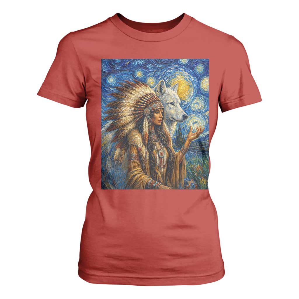 Native American Woman And White Wolf T Shirt For Women Starry Night Inspired Art