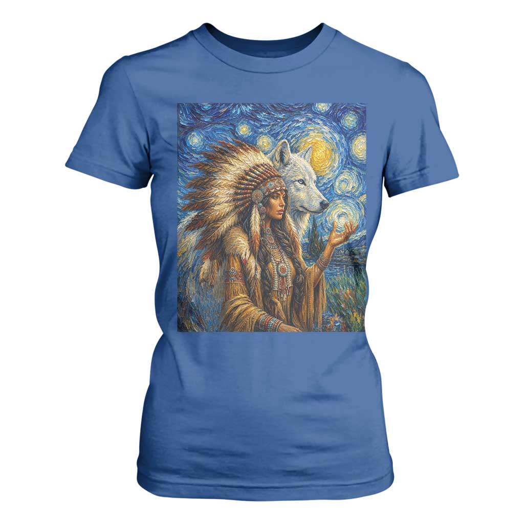 Native American Woman And White Wolf T Shirt For Women Starry Night Inspired Art
