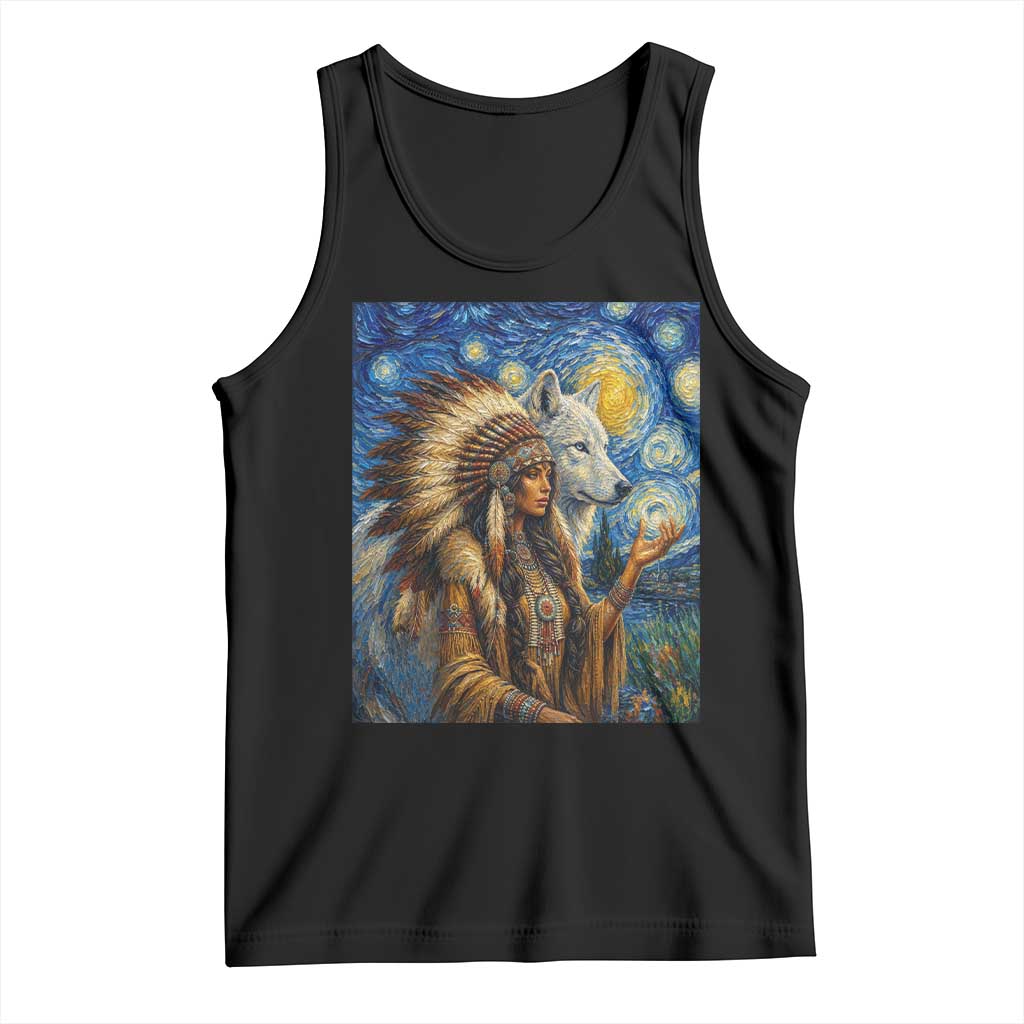 Native American Woman And White Wolf Tank Top Starry Night Inspired Art TS12 Black Print Your Wear