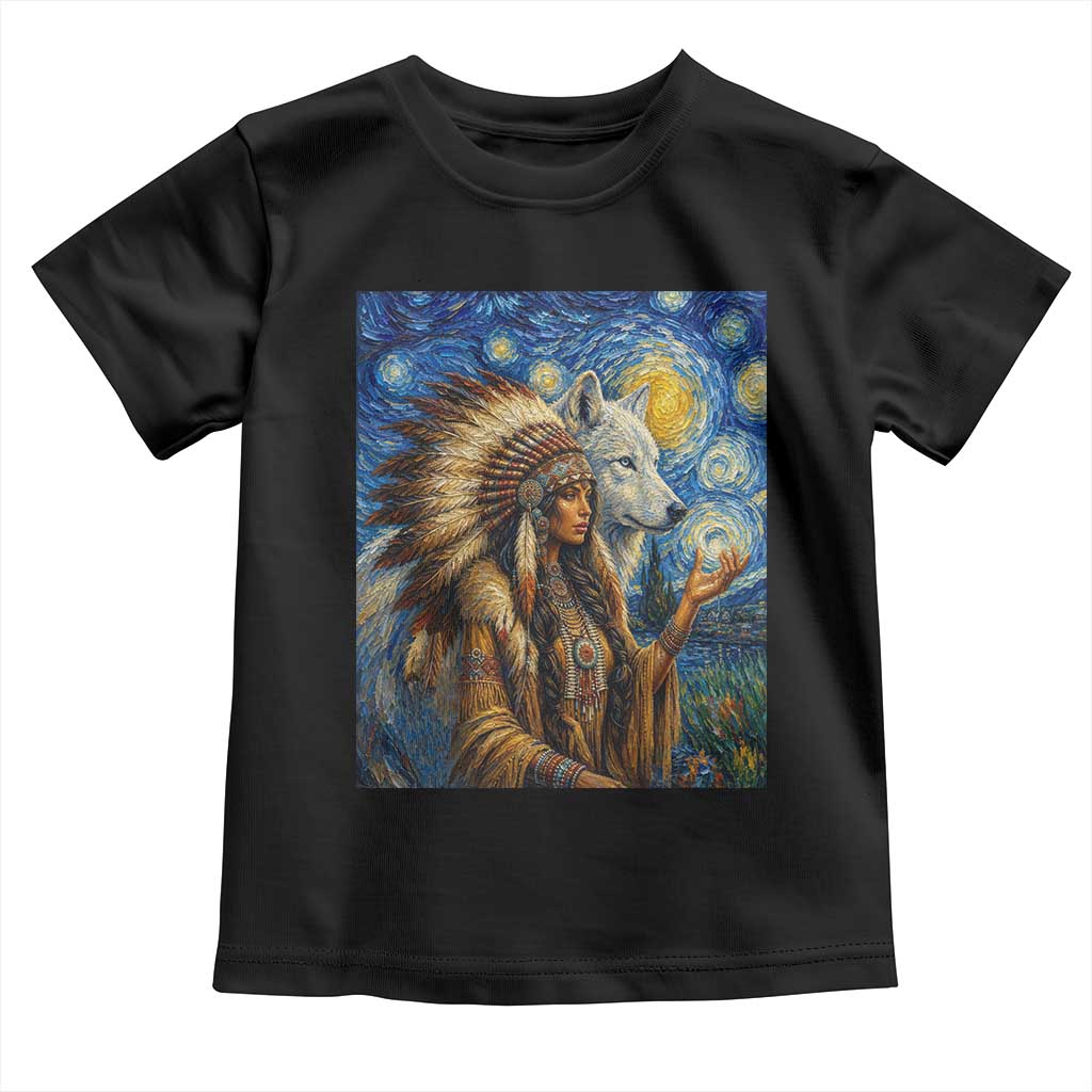 Native American Woman And White Wolf Toddler T Shirt Starry Night Inspired Art
