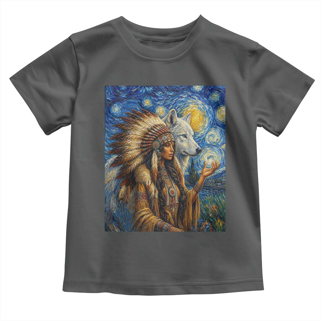 Native American Woman And White Wolf Toddler T Shirt Starry Night Inspired Art