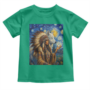 Native American Woman And White Wolf Toddler T Shirt Starry Night Inspired Art