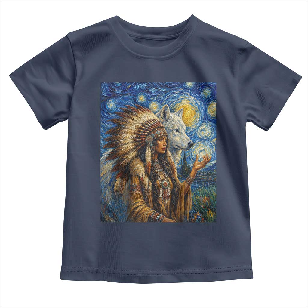 Native American Woman And White Wolf Toddler T Shirt Starry Night Inspired Art