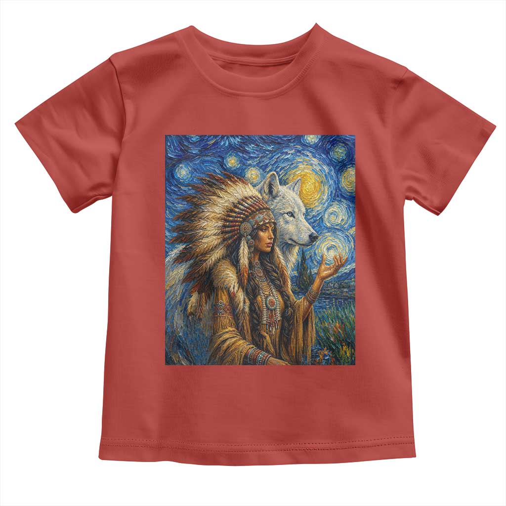 Native American Woman And White Wolf Toddler T Shirt Starry Night Inspired Art