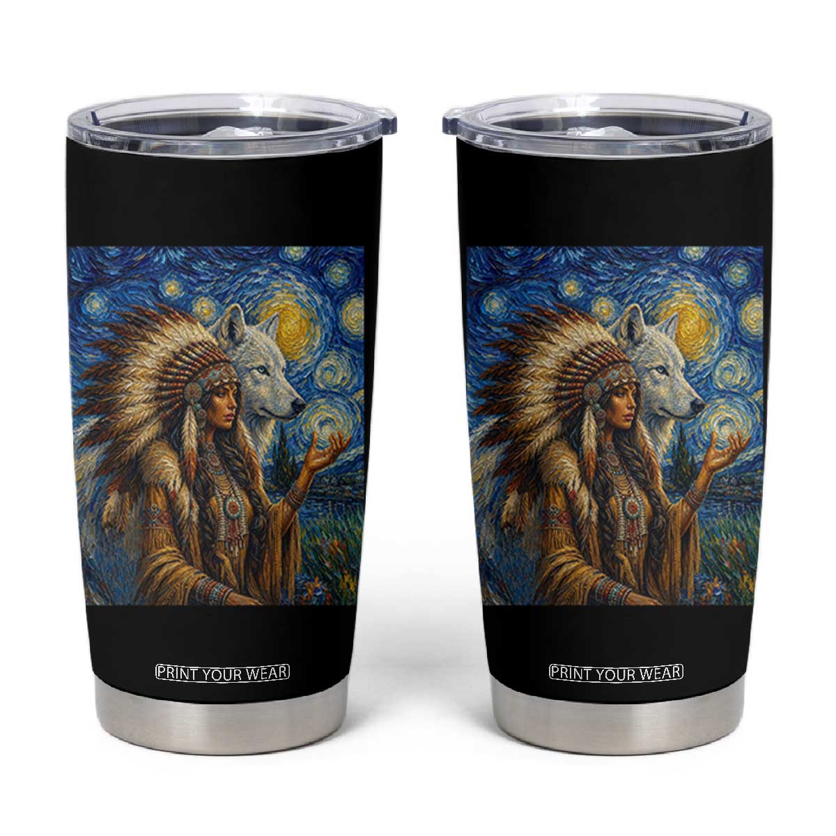 Native American Woman And White Wolf Tumbler Cup Starry Night Inspired Art TS12 Black Print Your Wear