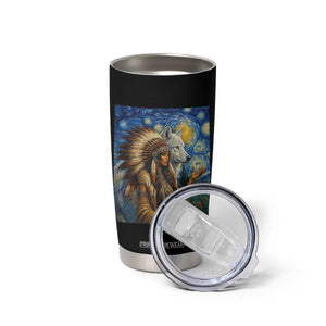 Native American Woman And White Wolf Tumbler Cup Starry Night Inspired Art TS12 Print Your Wear