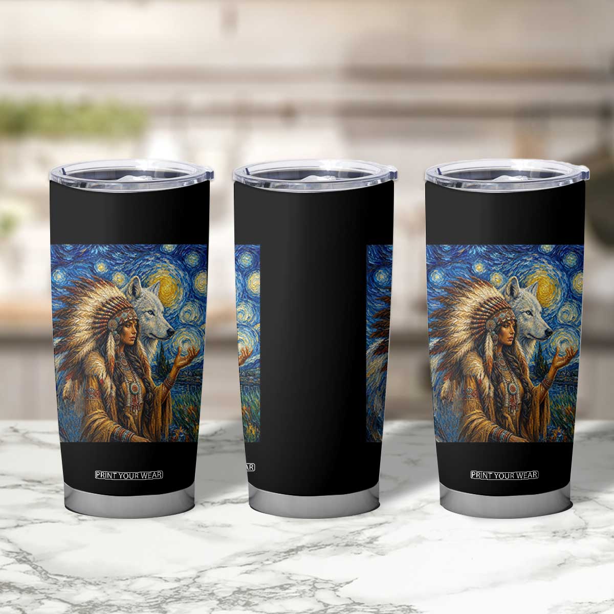 Native American Woman And White Wolf Tumbler Cup Starry Night Inspired Art TS12 Print Your Wear