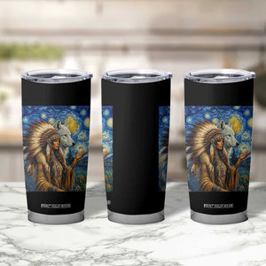 Native American Woman And White Wolf Tumbler Cup Starry Night Inspired Art TS12 Print Your Wear