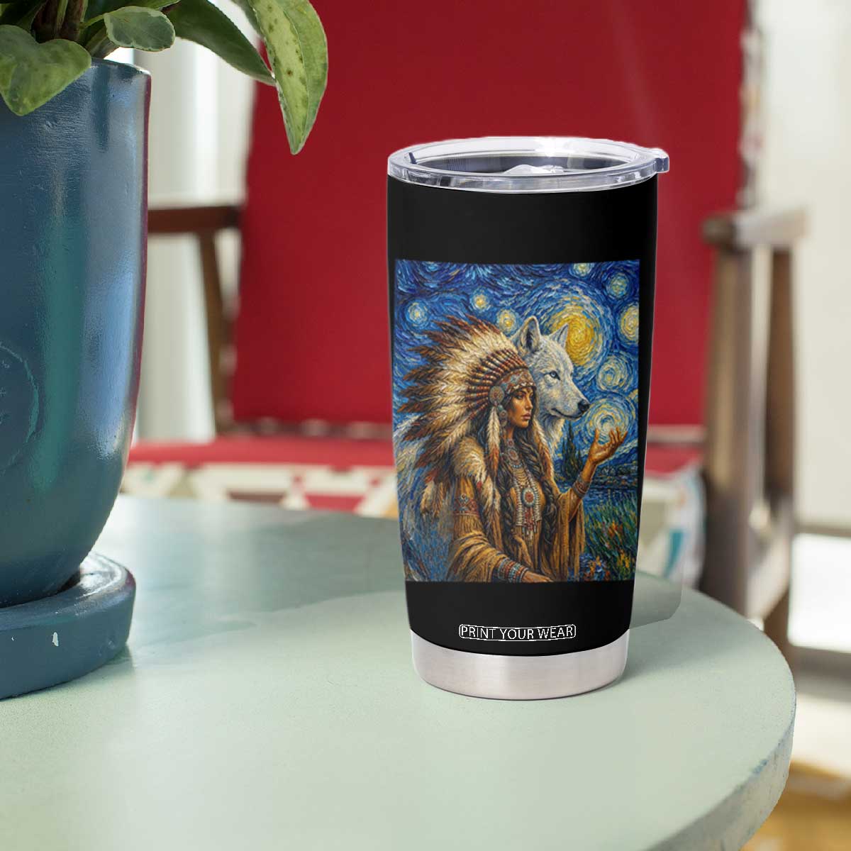 Native American Woman And White Wolf Tumbler Cup Starry Night Inspired Art TS12 Print Your Wear