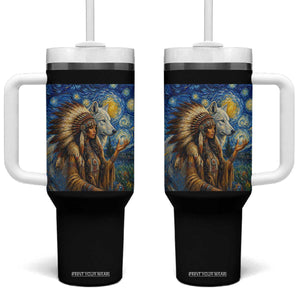 Native American Woman And White Wolf Tumbler With Handle Starry Night Inspired Art