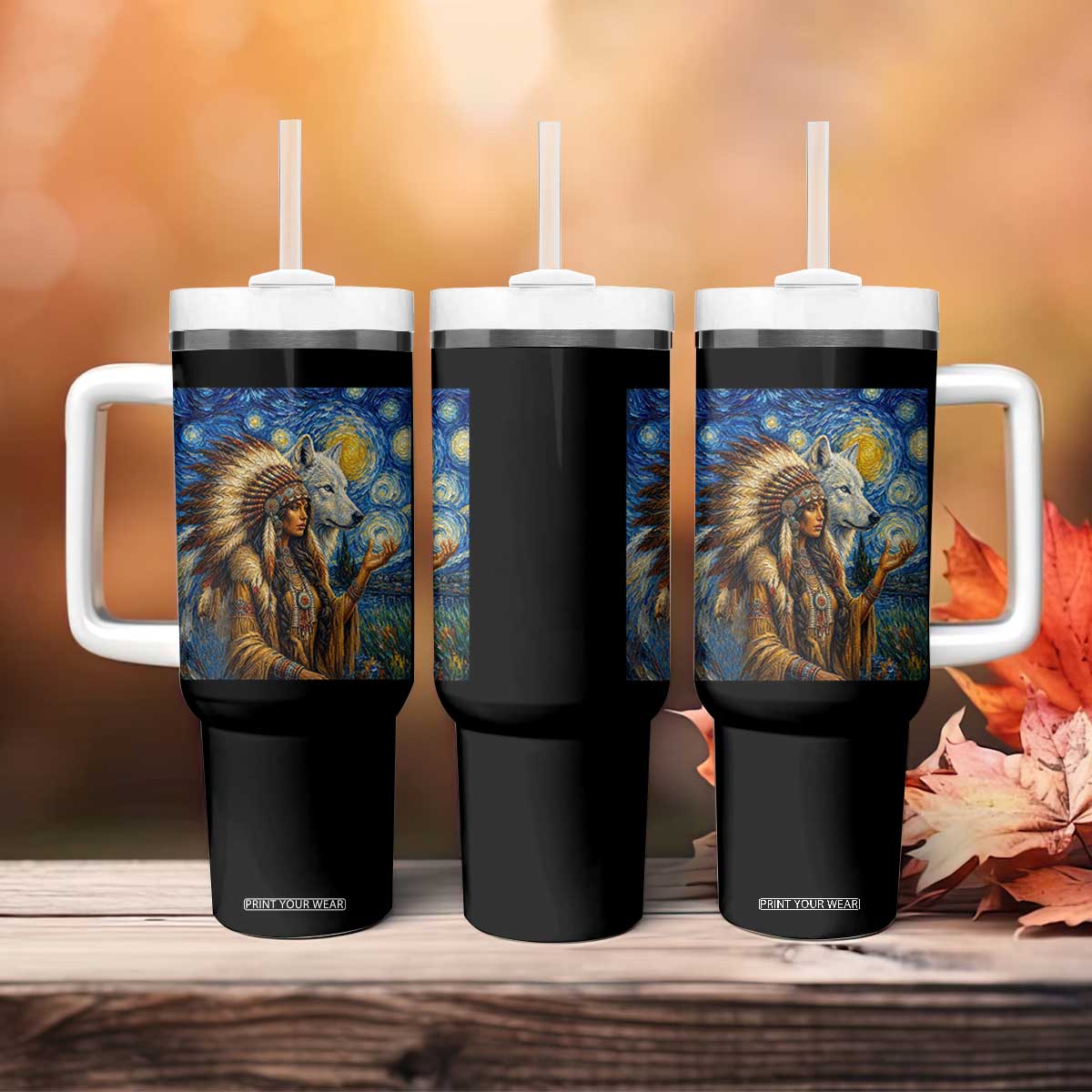 Native American Woman And White Wolf Tumbler With Handle Starry Night Inspired Art