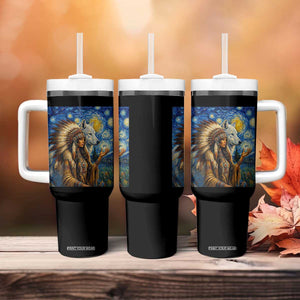 Native American Woman And White Wolf Tumbler With Handle Starry Night Inspired Art