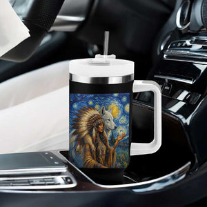 Native American Woman And White Wolf Tumbler With Handle Starry Night Inspired Art