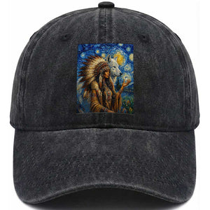 Native American Woman And White Wolf Washed Cotton Baseball Cap Starry Night Inspired Art TS12 Print Your Wear