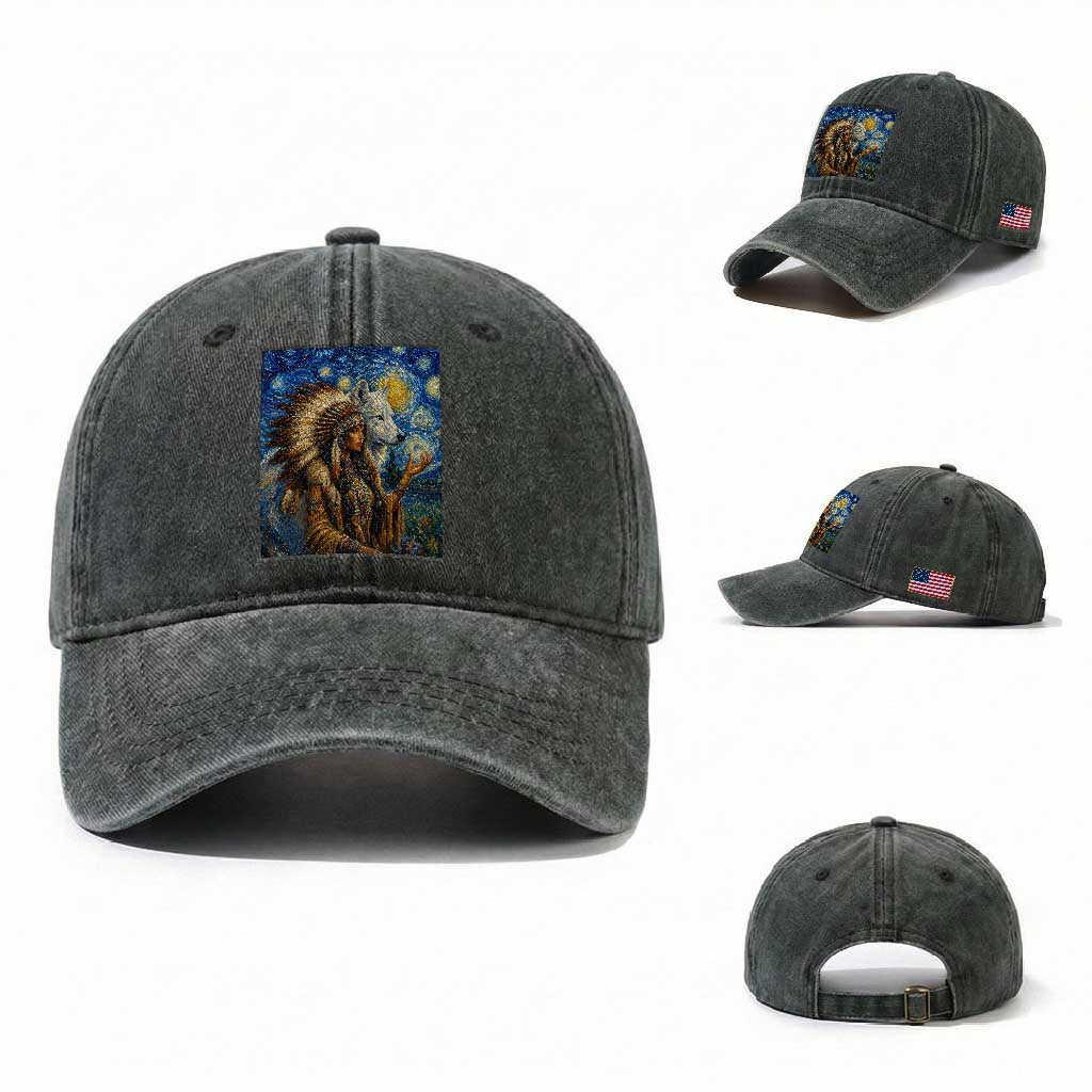 Native American Woman And White Wolf Washed Cotton Baseball Cap Starry Night Inspired Art TS12 Washed Cap Universal Fit Dark Green Print Your Wear
