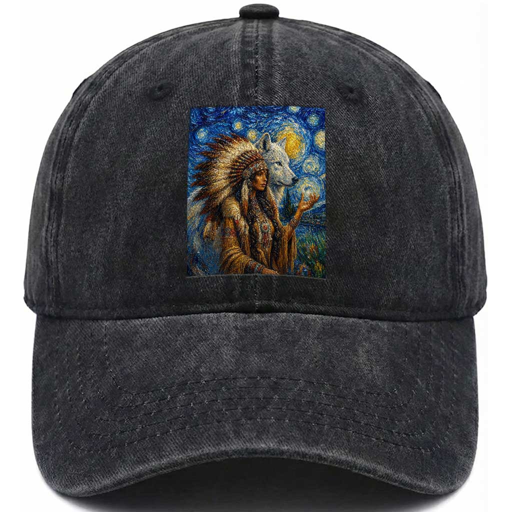 Native American Woman And White Wolf Washed Cotton Baseball Cap Starry Night Inspired Art TS12 Print Your Wear