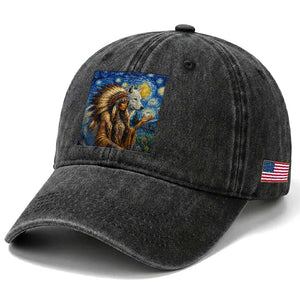 Native American Woman And White Wolf Washed Cotton Baseball Cap Starry Night Inspired Art TS12 Print Your Wear