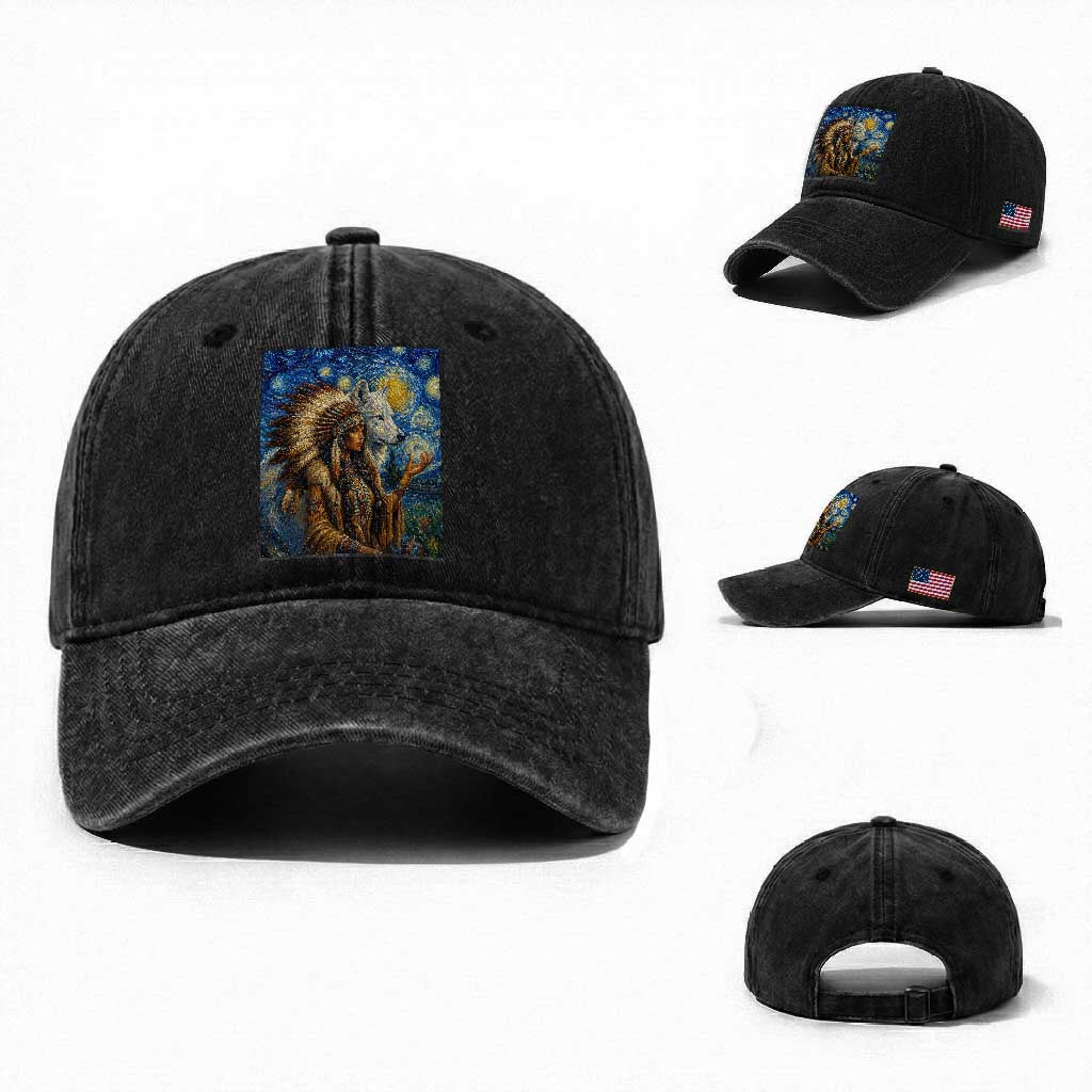 Native American Woman And White Wolf Washed Cotton Baseball Cap Starry Night Inspired Art TS12 Washed Cap Universal Fit Black Print Your Wear