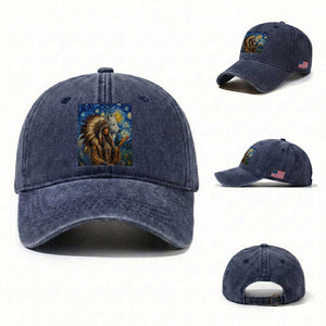 Native American Woman And White Wolf Washed Cotton Baseball Cap Starry Night Inspired Art TS12 Washed Cap Universal Fit Navy Print Your Wear