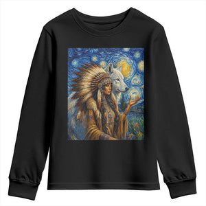 Native American Woman And White Wolf Youth Sweatshirt Starry Night Inspired Art