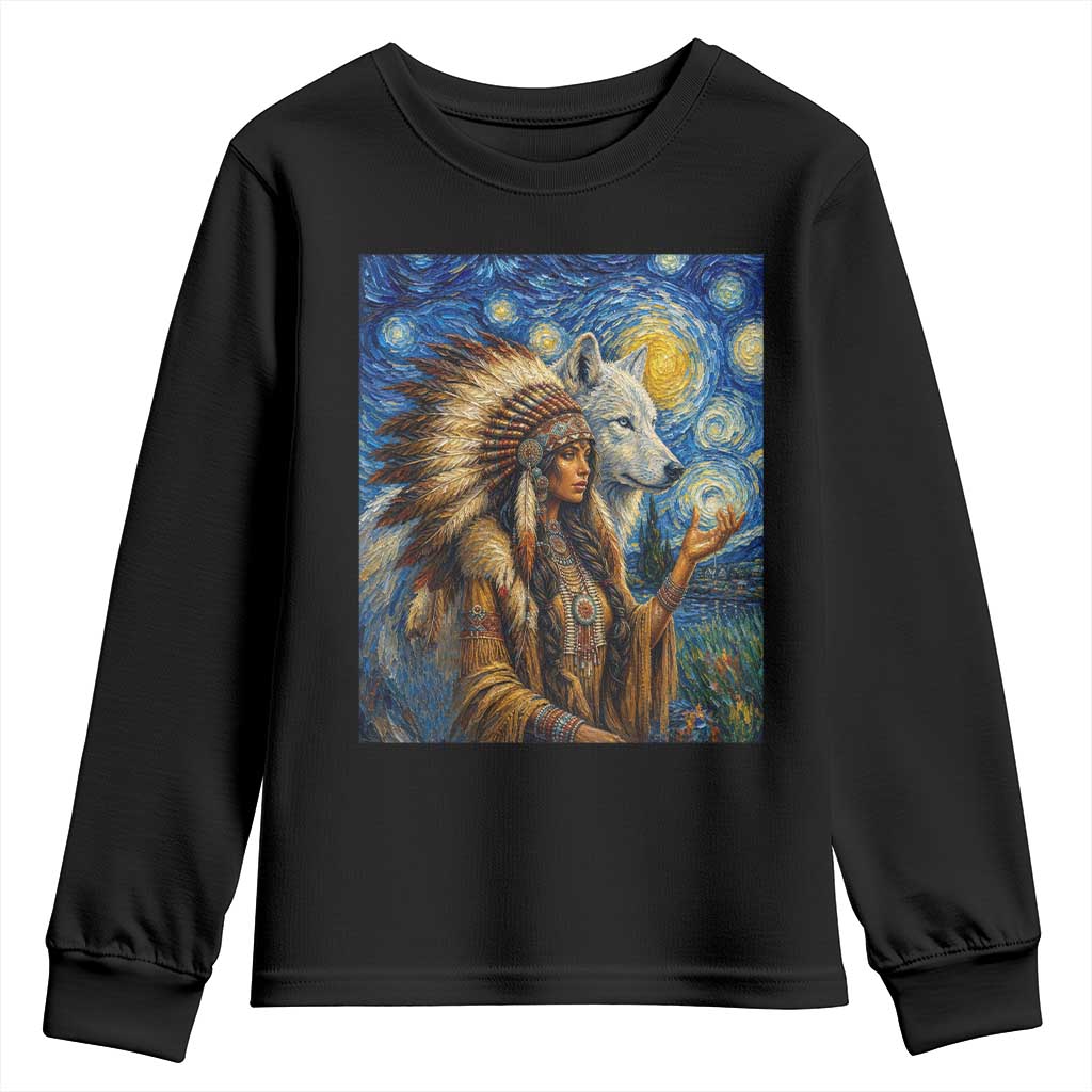 Native American Woman And White Wolf Youth Sweatshirt Starry Night Inspired Art TS12 Black Print Your Wear