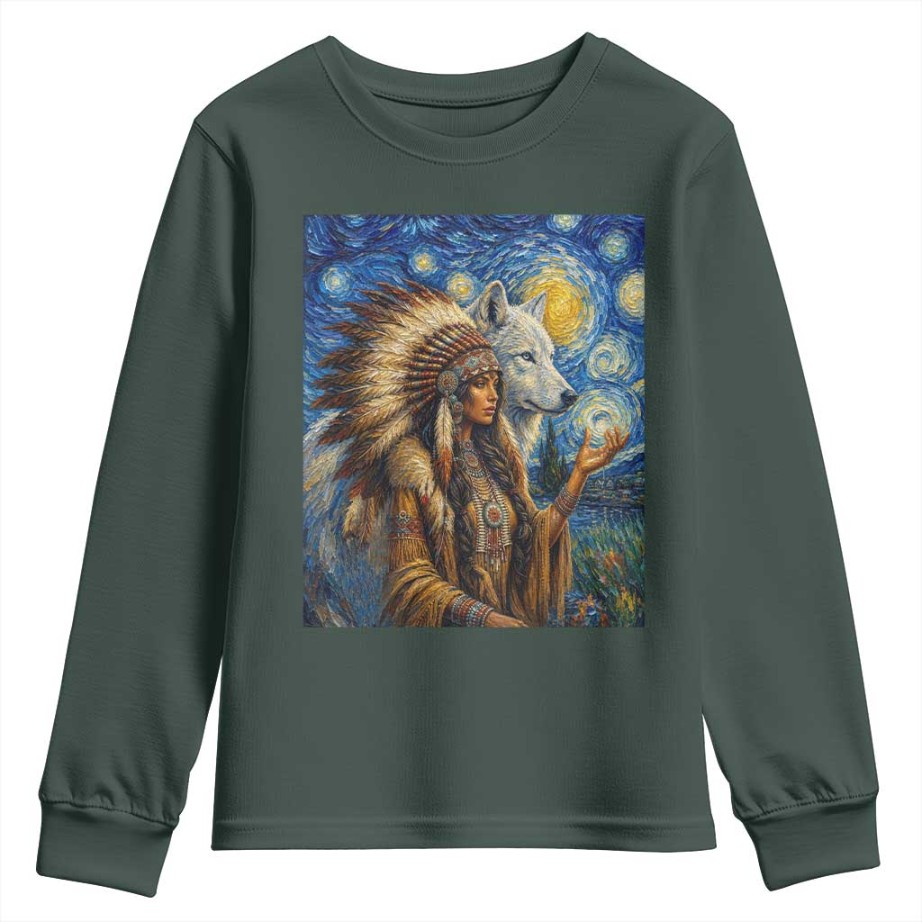 Native American Woman And White Wolf Youth Sweatshirt Starry Night Inspired Art