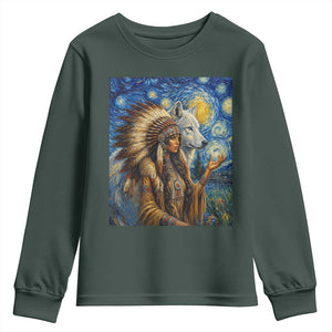 Native American Woman And White Wolf Youth Sweatshirt Starry Night Inspired Art