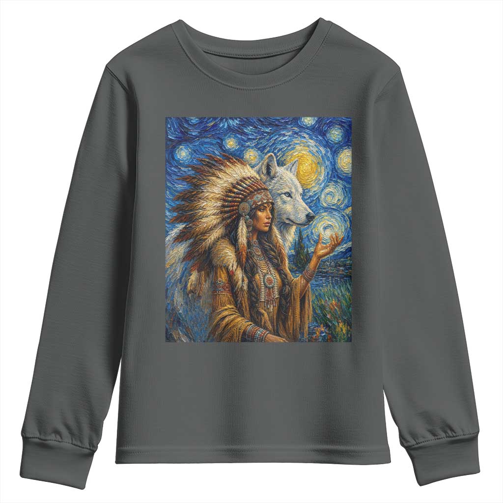 Native American Woman And White Wolf Youth Sweatshirt Starry Night Inspired Art