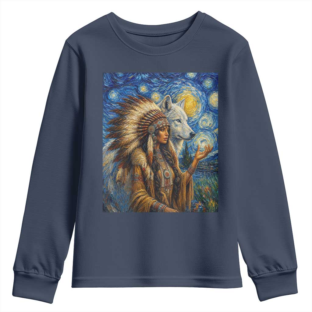 Native American Woman And White Wolf Youth Sweatshirt Starry Night Inspired Art