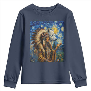 Native American Woman And White Wolf Youth Sweatshirt Starry Night Inspired Art