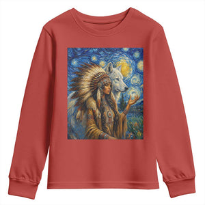 Native American Woman And White Wolf Youth Sweatshirt Starry Night Inspired Art