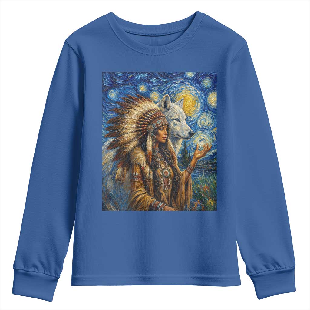 Native American Woman And White Wolf Youth Sweatshirt Starry Night Inspired Art