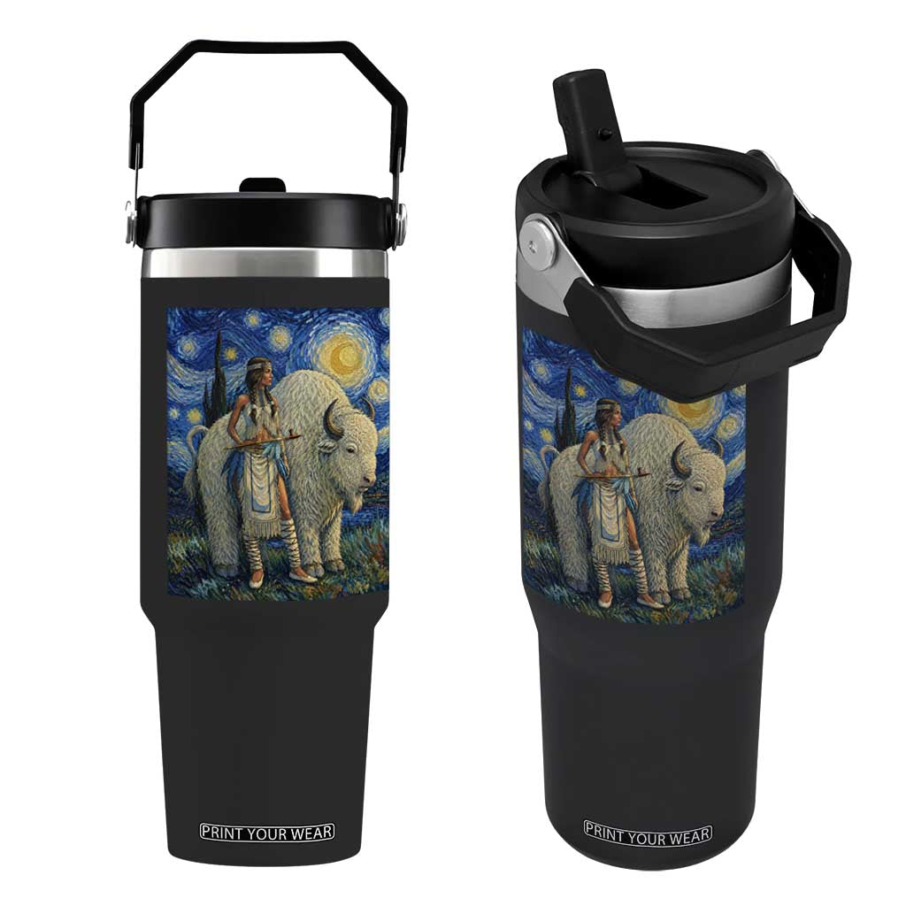White Buffalo Woman Flip Straw Tumbler North American Native Legends Starry Night Inspired Art