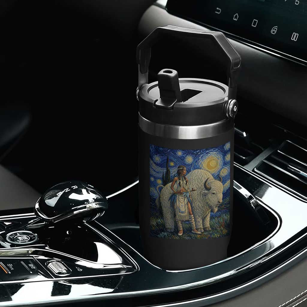 White Buffalo Woman Flip Straw Tumbler North American Native Legends Starry Night Inspired Art