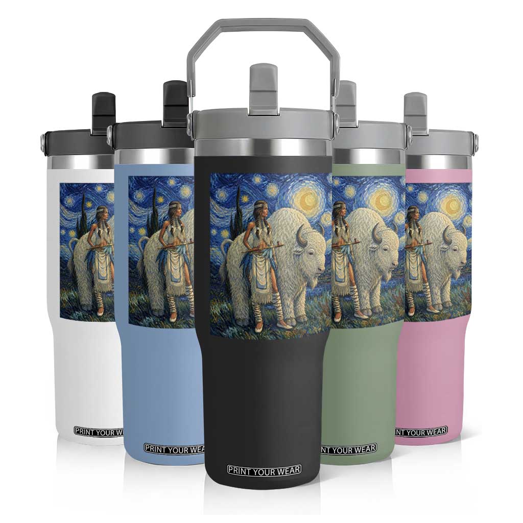 White Buffalo Woman Flip Straw Tumbler North American Native Legends Starry Night Inspired Art